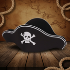 Classic flat black and white striped pirate hat on nautical themed background - perfect party costume accessory