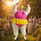 Woman wearing Inflatable Funny Ballerina costume at a golden hour outdoor garden party