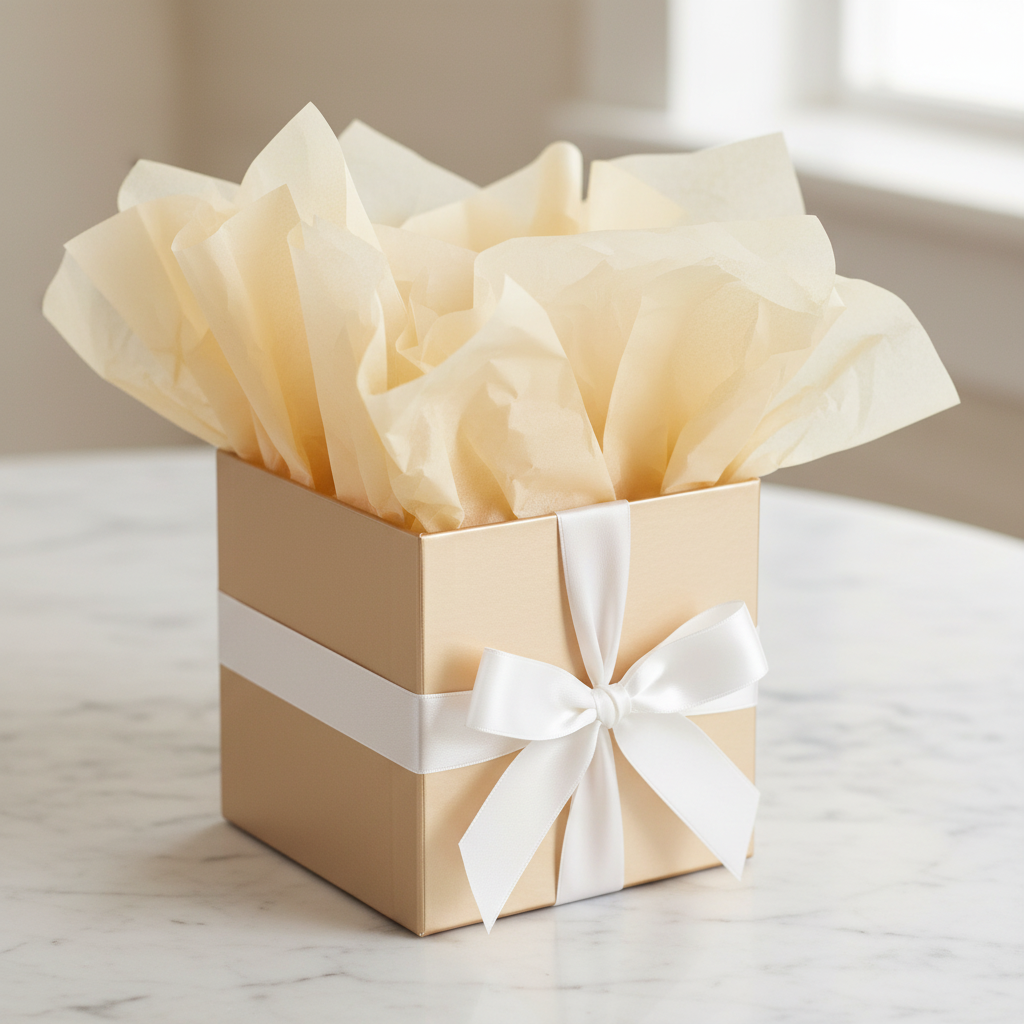 Beautifully wrapped luxury gift box with ivory cream tissue paper overflowing elegantly, white satin ribbon, marble surface