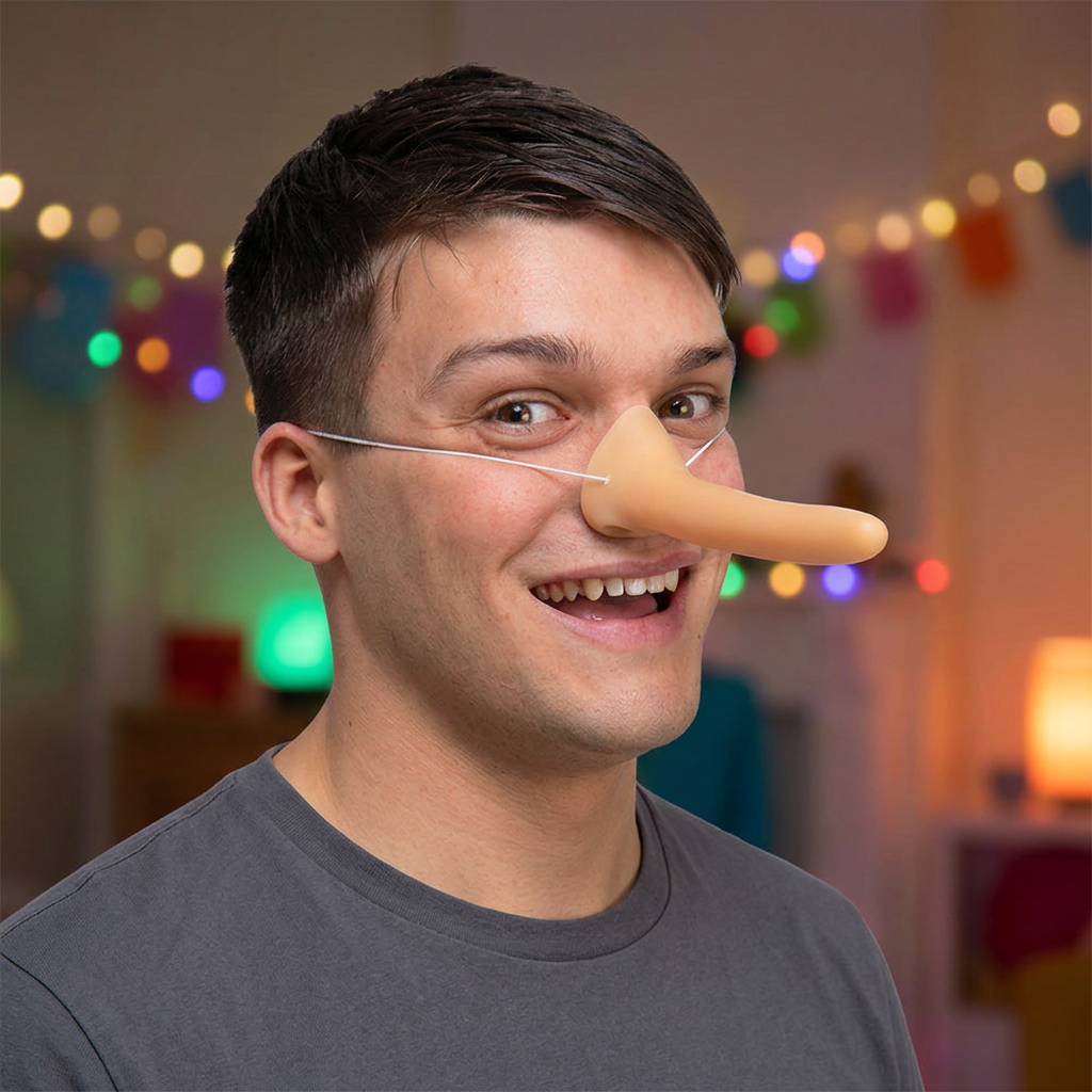 Smiling adult man wearing the Funny Long Nose Liar with white elastic at a party