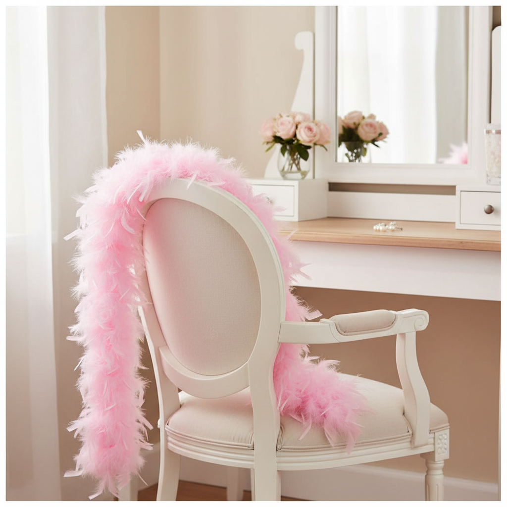 Soft baby pink feather boa draped over a white vintage vanity chair in an elegant feminine dressing room, natural window light