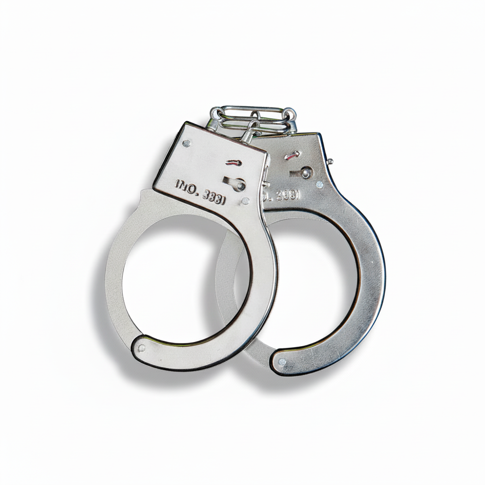 Polished chrome silver metal fancy dress handcuffs on pure white background, studio hero shot