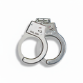 Polished chrome silver metal fancy dress handcuffs on pure white background, studio hero shot