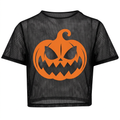 Front view of the black mesh pumpkin crop top with orange jack-o'-lantern motif on a white background.