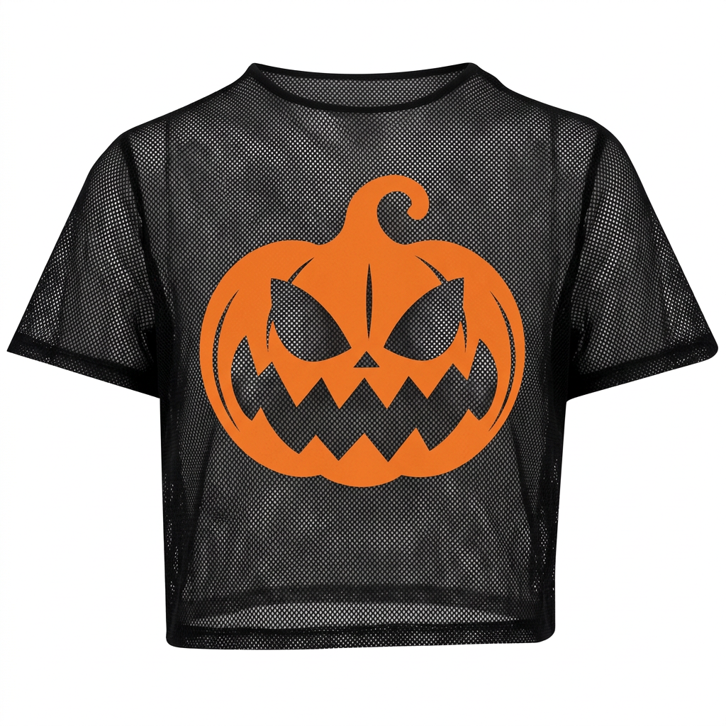 Front view of the black mesh pumpkin crop top with orange jack-o'-lantern motif on a white background.