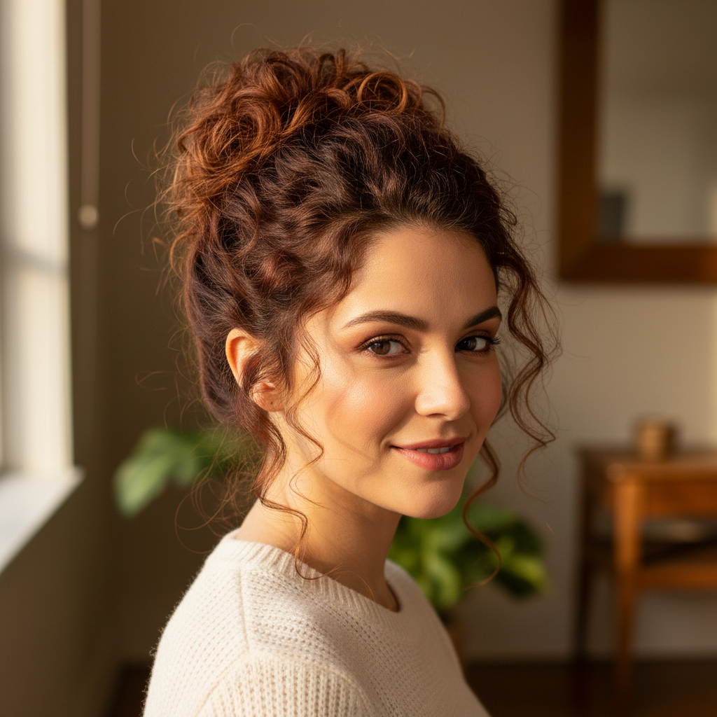 Woman with gorgeous voluminous warm auburn copper curly updo showing the beautiful result of wearing the 33/30 Sunrose hair bun clip-in