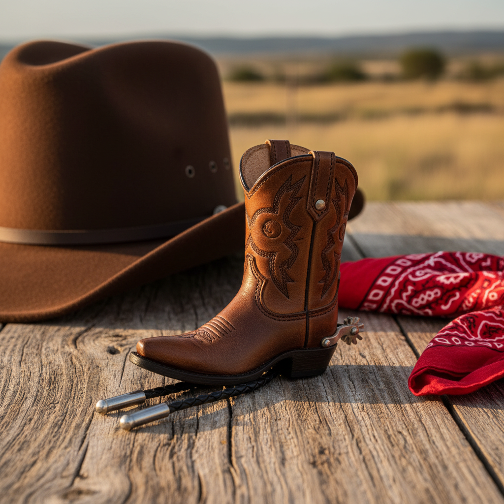 Cowboy boot bolo tie resting on rustic wooden surface with cowboy hat and bandana
