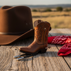 Cowboy boot bolo tie resting on rustic wooden surface with cowboy hat and bandana