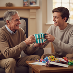 Grandchild presenting the Grandad Stripes 700ml gift mug as a birthday present to a smiling grandfather