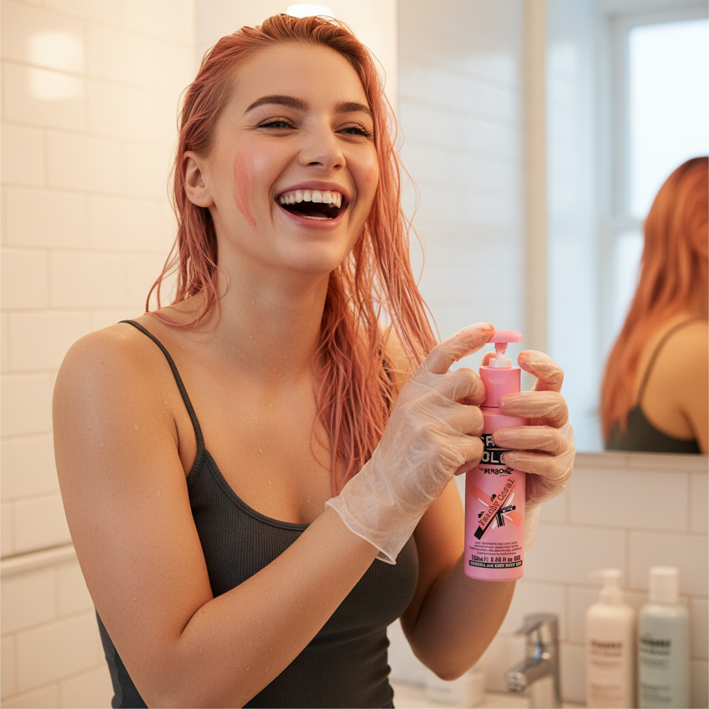 Young woman with peachy coral hair applying Crazy Color No.70 hair dye at home, candid beauty moment