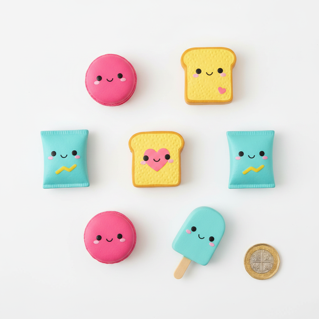 Slow rise squishy dessert toys flat lay with coin for scale assorted designs