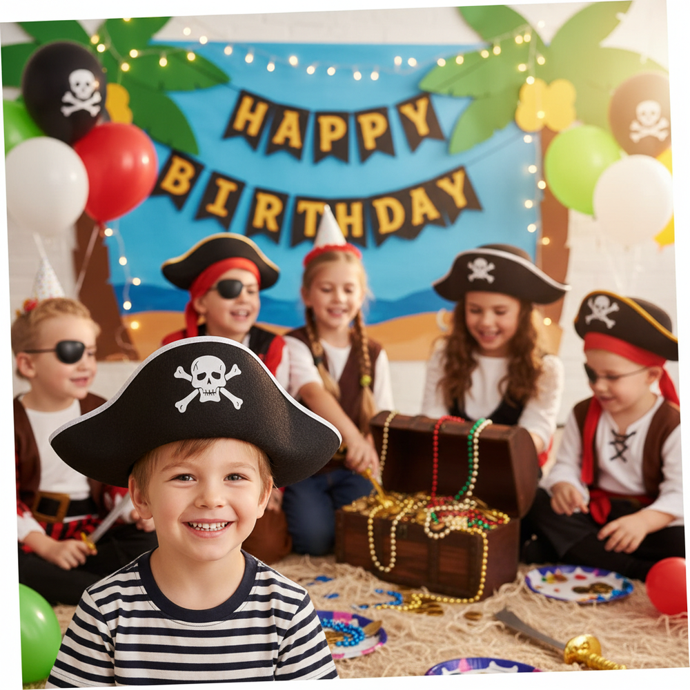 Children enjoying pirate themed birthday party wearing classic black and white striped flat pirate hats