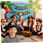 Children enjoying pirate themed birthday party wearing classic black and white striped flat pirate hats