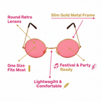 Premium feature infographic of round pink hippy glasses with gold frame on white background with 5 callout labels highlighting key features