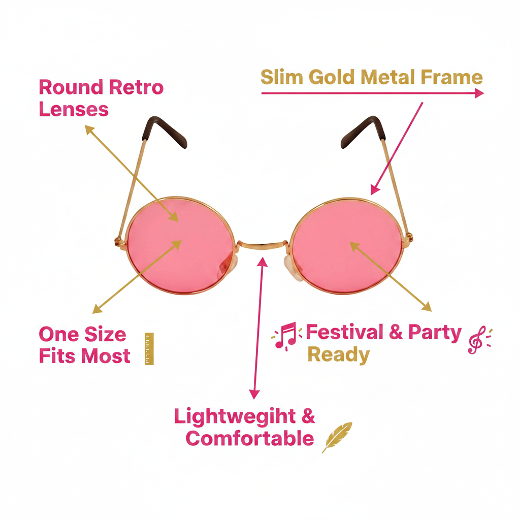 Premium feature infographic of round pink hippy glasses with gold frame on white background with 5 callout labels highlighting key features