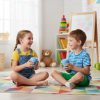Two children playing with Fidget Can Sensory Spinner Cubes together on play mat - lifestyle image