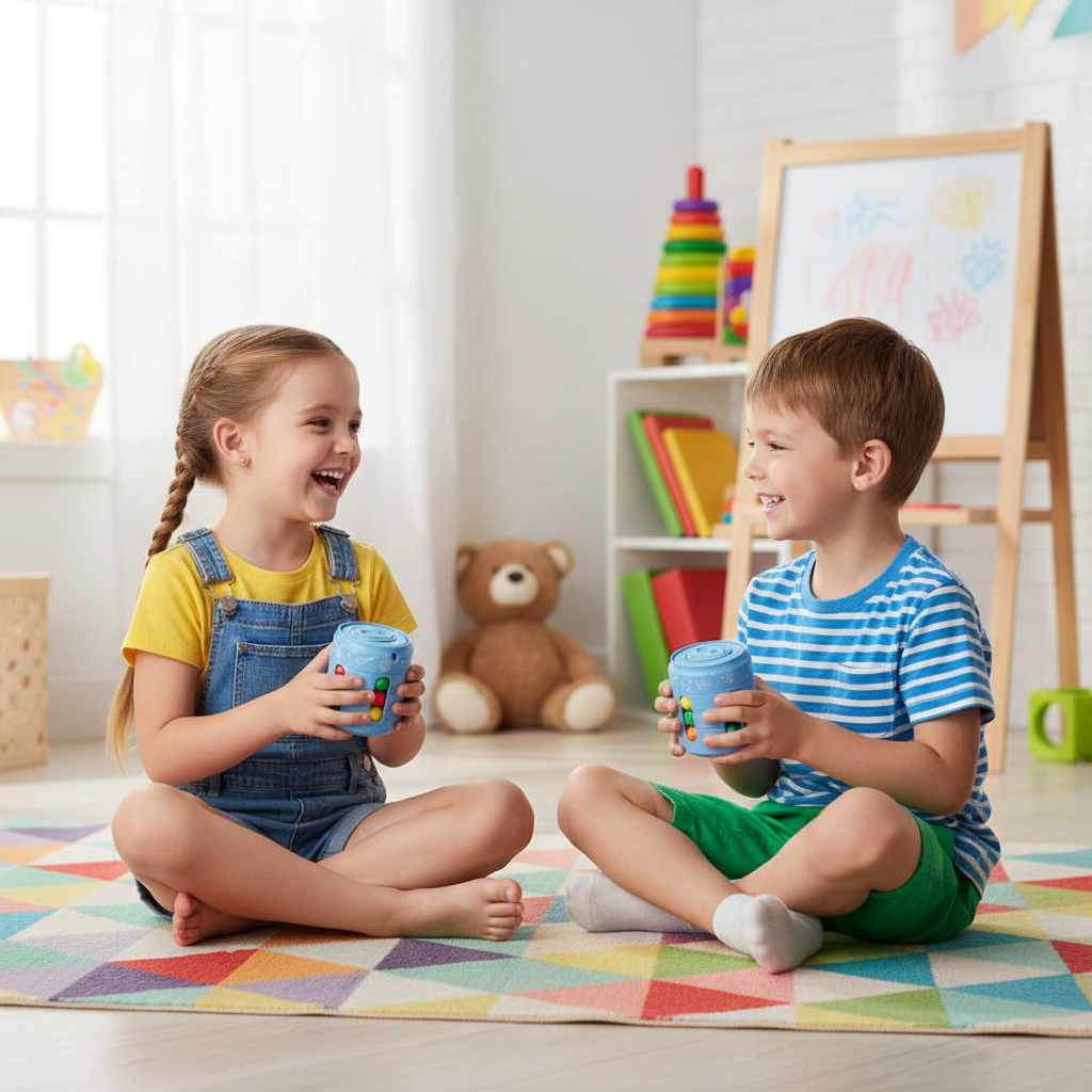 Two children playing with Fidget Can Sensory Spinner Cubes together on play mat - lifestyle image
