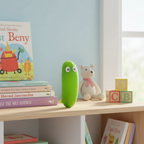 Stretchy Squishy Crazy Cucumber lime green squishy toy in a child's playroom setting