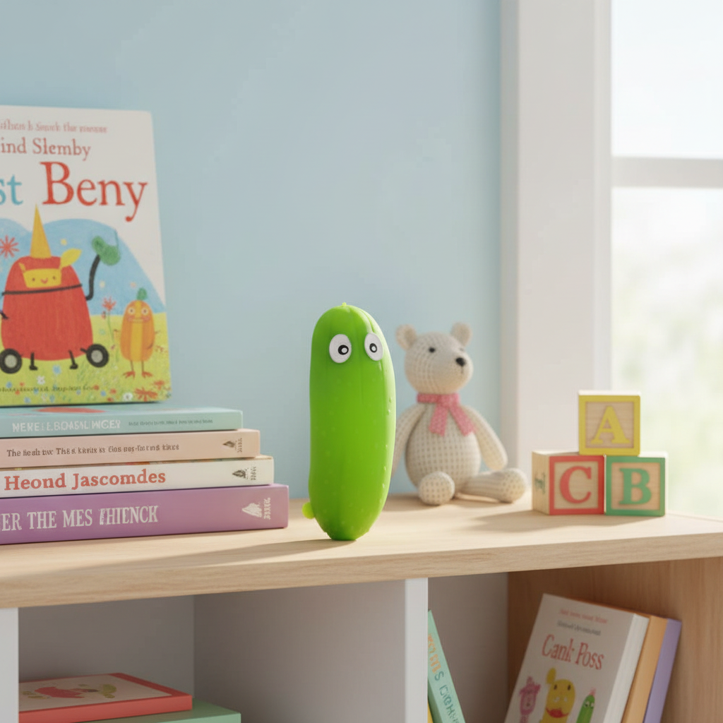 Stretchy Squishy Crazy Cucumber lime green squishy toy in a child's playroom setting