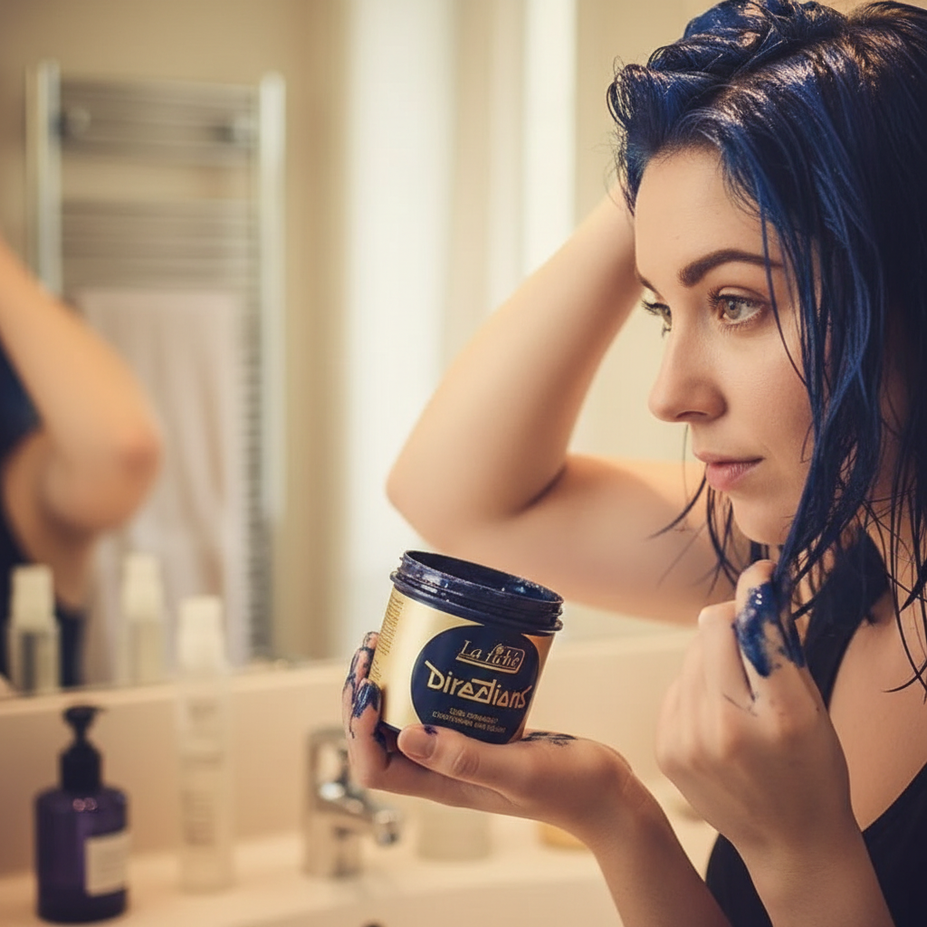 Person applying La Riche Directions Midnight Blue hair dye at home, candid lifestyle moment