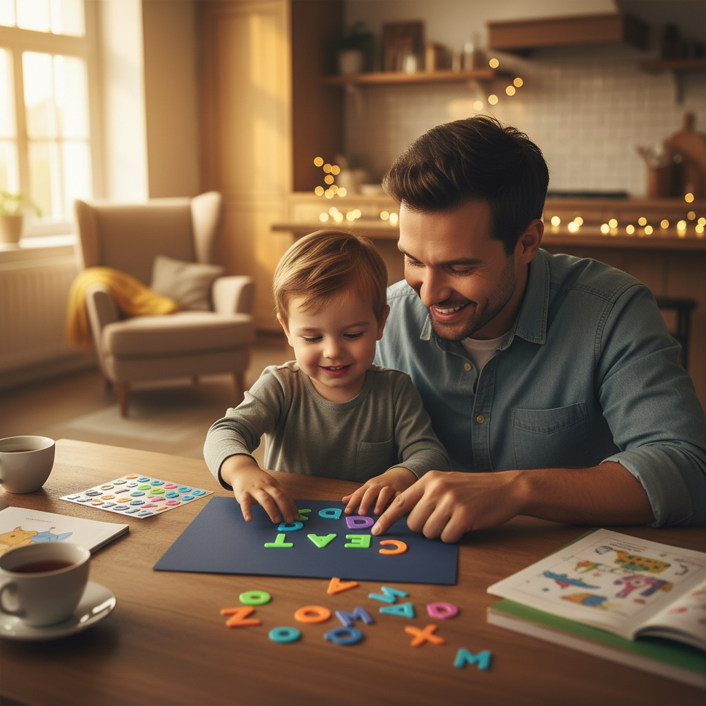Parent and young child sitting together using glow in the dark alphabet stickers to spell words and learn letters