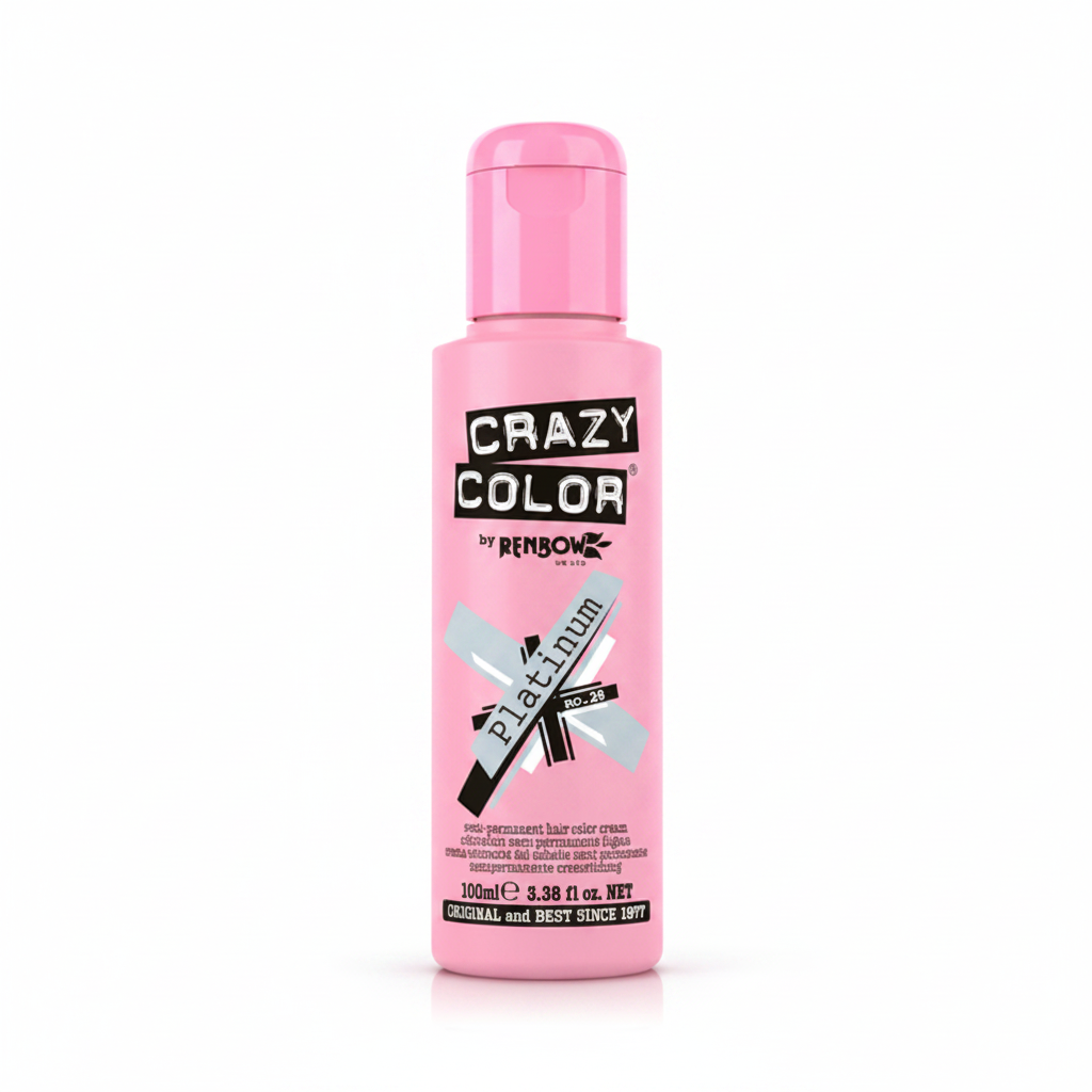 Crazy Color Platinum No.28 100ml semi-permanent hair dye bottle on white studio background — bubblegum pink bottle with silver-grey cross label