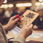 Elderly woman's hands holding Tallon Lucky Charm Bingo Board marking numbers on bingo ticket