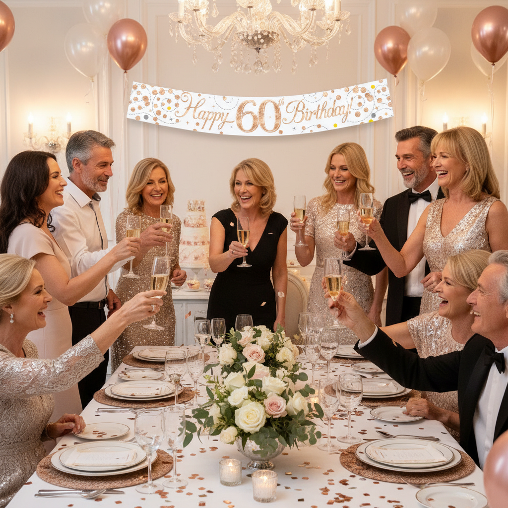 Happy guests celebrating 60th birthday party with Sparkling Fizz rose gold banner on wall