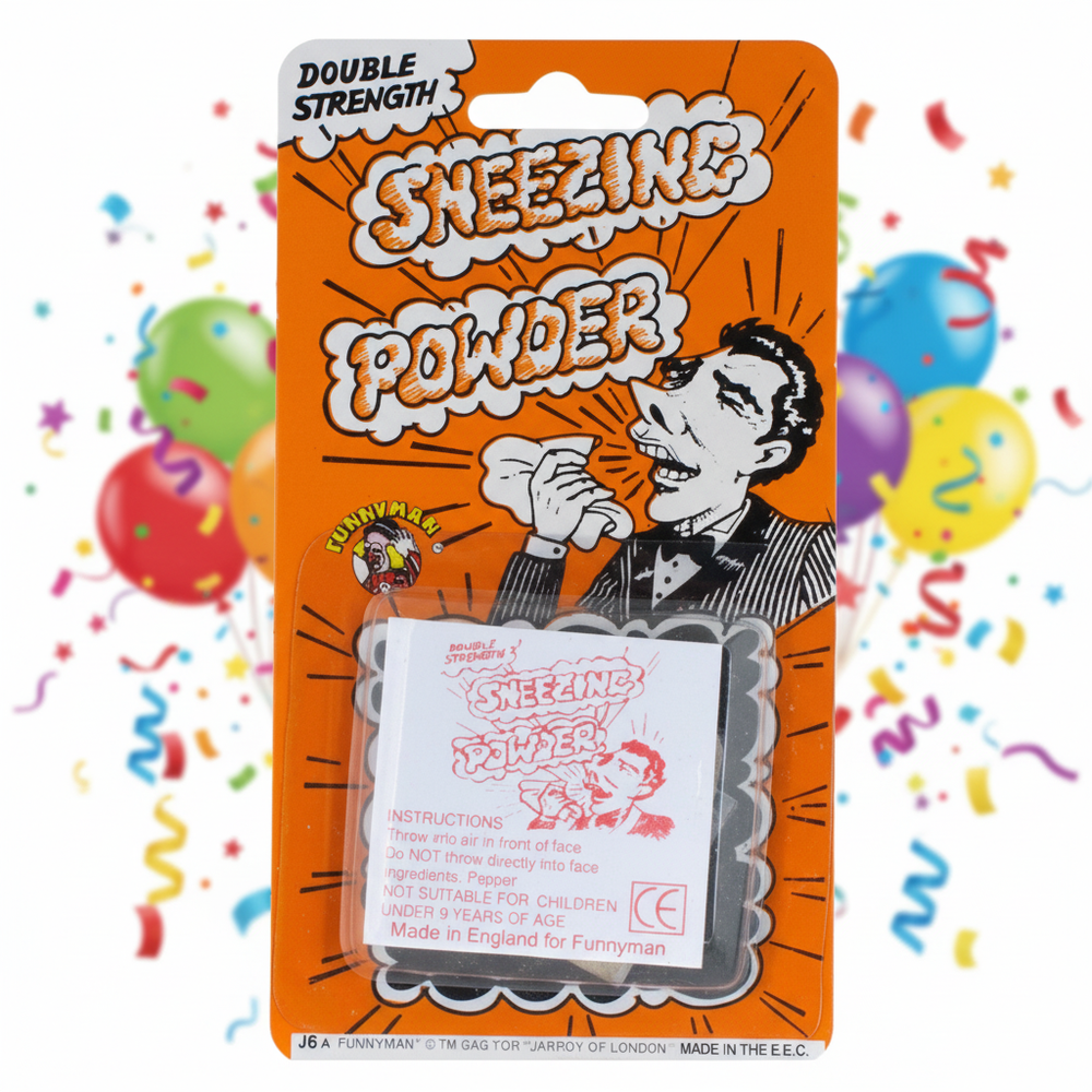 Joke Sneezing Powder packet as the hero product shot against a vibrant colourful party background with confetti and balloons