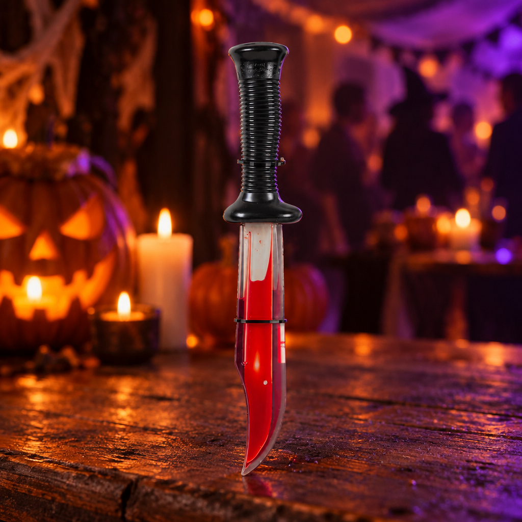Fake bloody knife prop on a wooden table at a Halloween party with carved pumpkins and candles