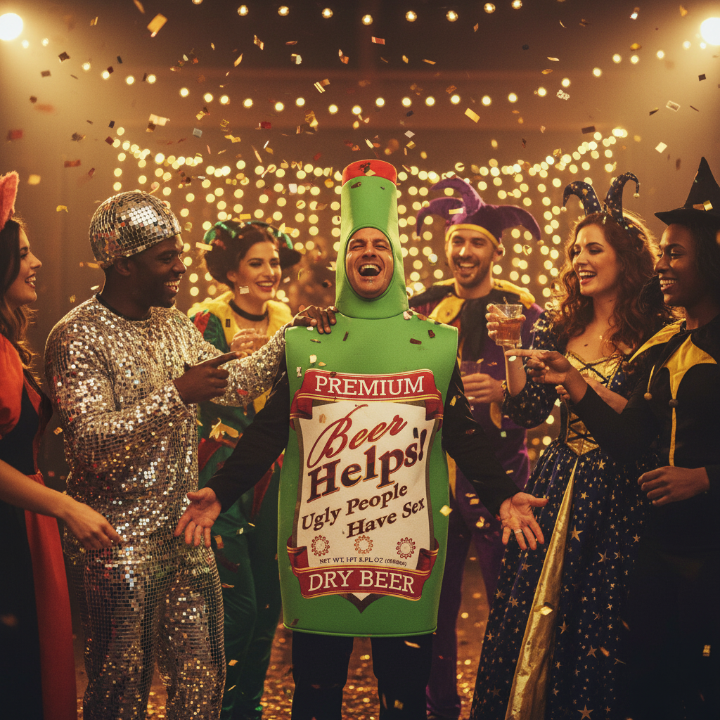 Man wearing green beer bottle fancy dress costume laughing at a party with friends in warm golden lighting
