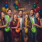 Group of adults laughing and holding inflatable saxophones at a birthday party