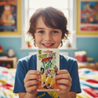 Child showing Funnyman Smelly Feet Sweets blister card packaging with cheeky grin in colourful bedroom