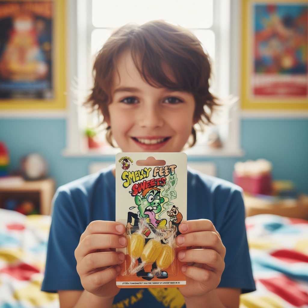 Child showing Funnyman Smelly Feet Sweets blister card packaging with cheeky grin in colourful bedroom
