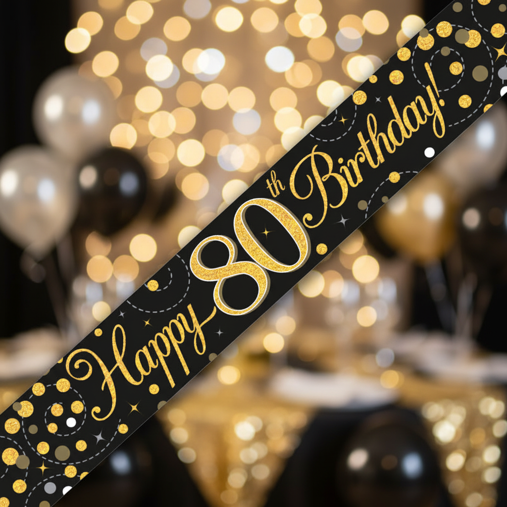 9ft Sparkling Fizz 80th Birthday Banner in black and gold holographic finish - premium party decoration