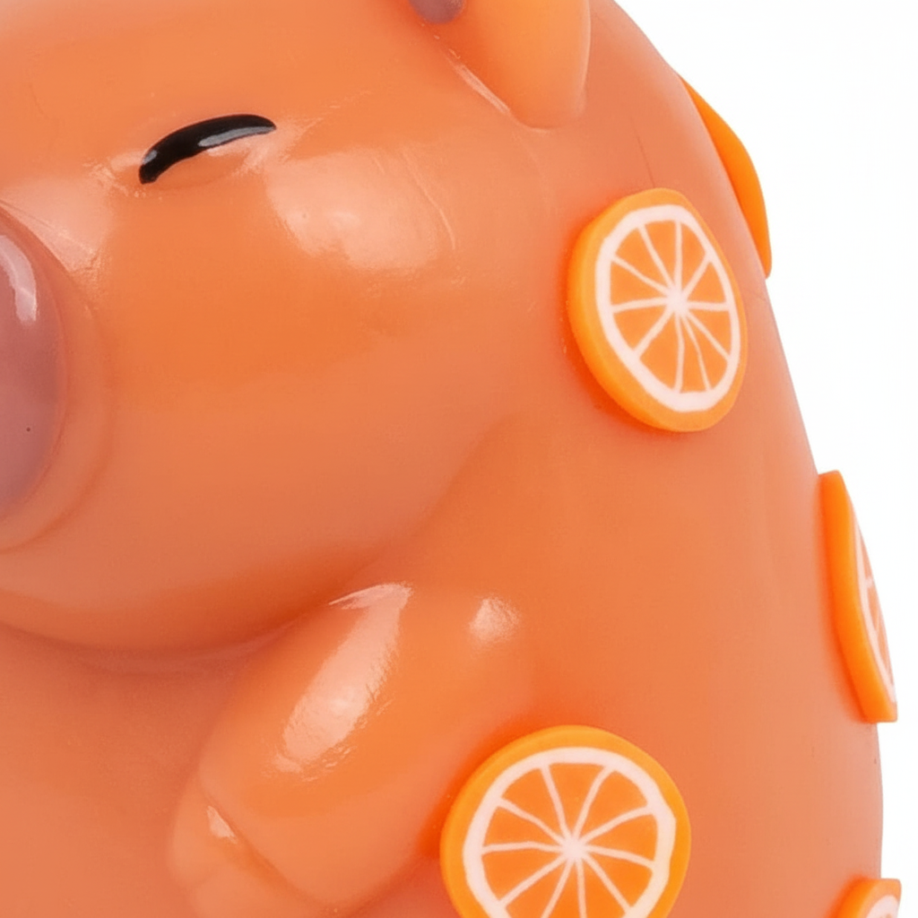 Extreme macro close-up of the Scrunchems Squishy Capybara showing soft rubbery texture and orange citrus slice detail