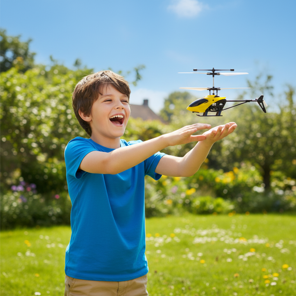 Boy flying mini RC helicopter in garden using hand sensor control - lifestyle image