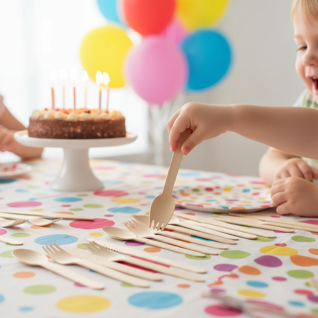 Child picking up eco wooden fork at a colourful kids birthday party table