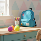 Neon squishy balls in assorted colours on a child's bedroom desk with pencils and backpack in natural window light
