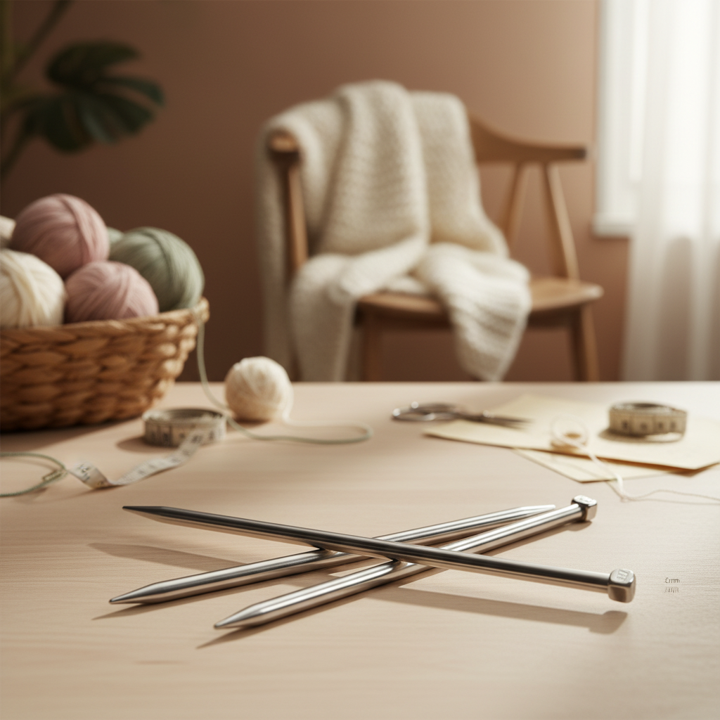 Ashley Housewares 2 pairs knitting needles 4.5mm 5mm 350mm displayed on cozy workspace with luxury yarn balls