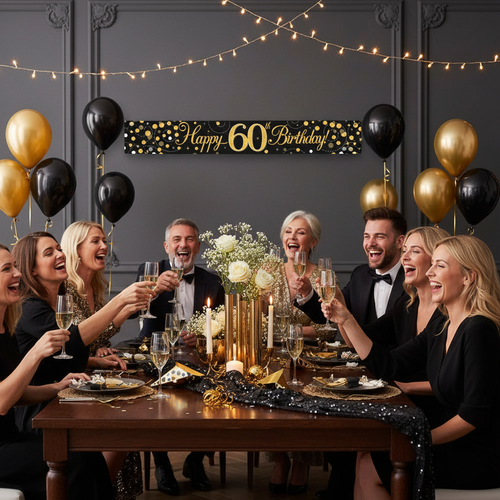 Friends celebrating 60th birthday party with Sparkling Fizz black and gold banner displayed on wall