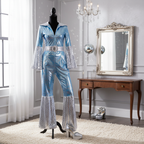 ABBA Waterloo blue silver holographic jumpsuit displayed in a stylish dressing room with natural window light — interior magazine quality