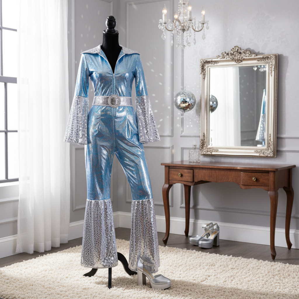 ABBA Waterloo blue silver holographic jumpsuit displayed in a stylish dressing room with natural window light — interior magazine quality