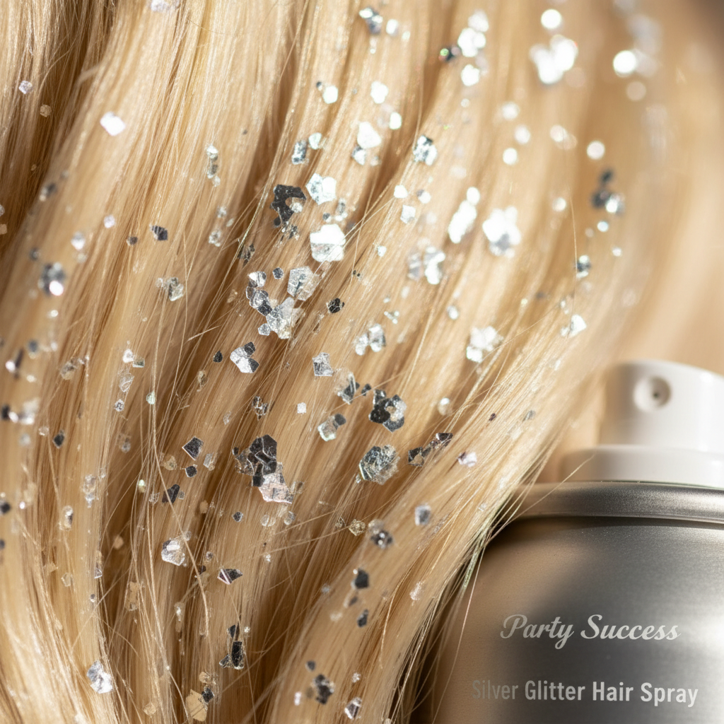 Extreme macro close-up of silver glitter particles on blonde hair strands catching light with brilliant metallic shimmer