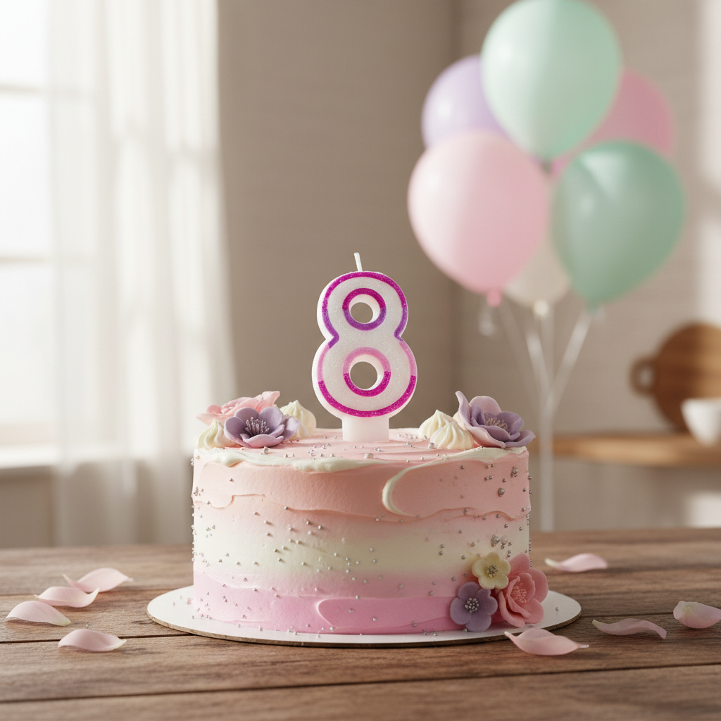 Pink Number 8 Birthday Candle standing on a decorated cake in a kitchen setting