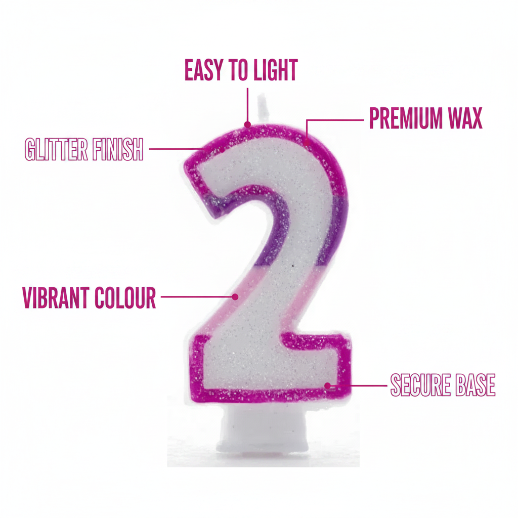 Pink glitter number 2 birthday candle feature infographic with callout labels on white background