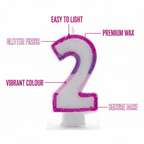 Pink glitter number 2 birthday candle feature infographic with callout labels on white background