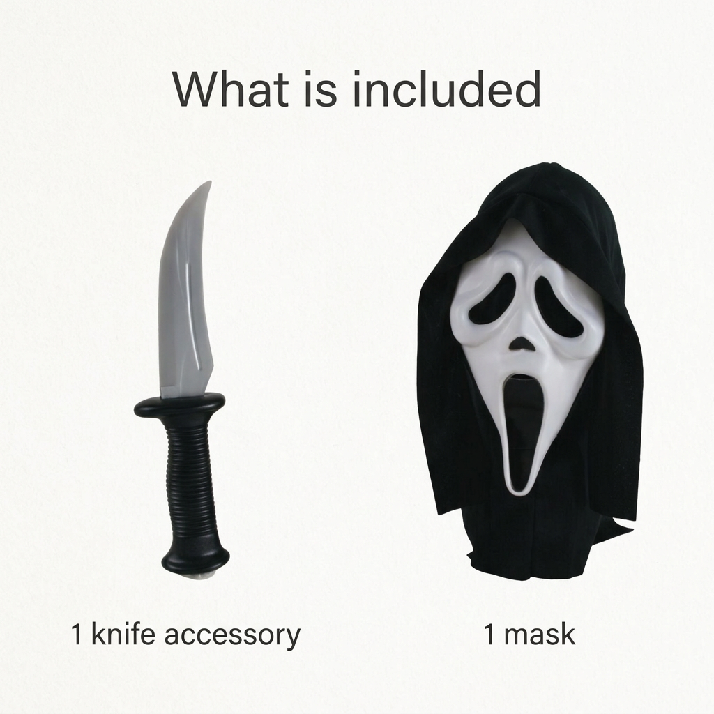 Ghost Face set contents showing one hooded mask and one knife accessory with labels