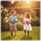 Children laughing and playing with neon water pistols in a sunny garden at golden hour - summer fun aspirational scene