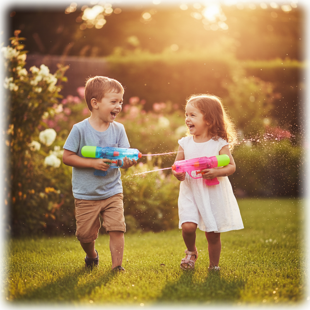 Children laughing and playing with neon water pistols in a sunny garden at golden hour - summer fun aspirational scene
